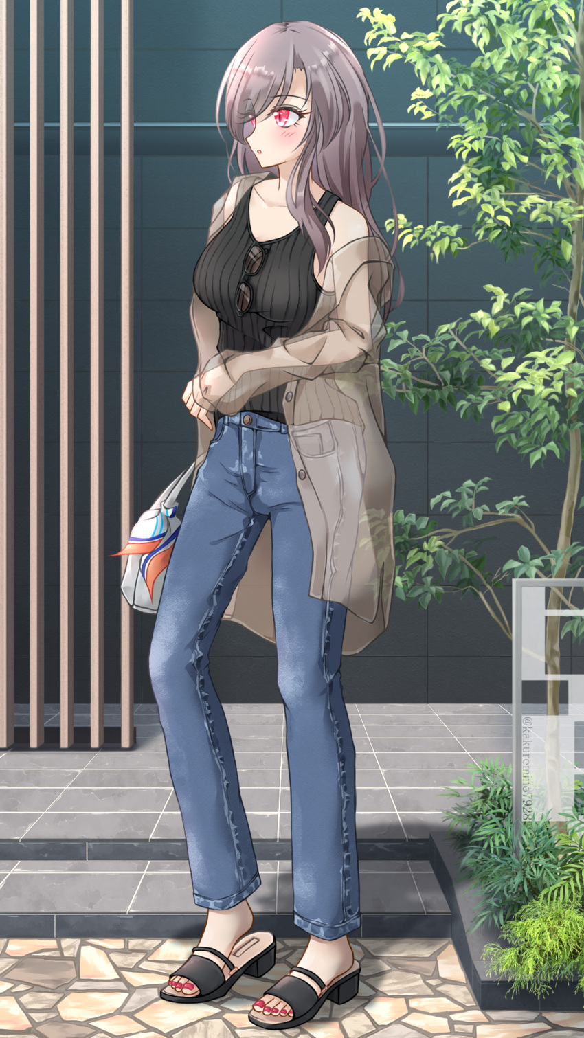 1girl, bag, bare_legs, black_footwear, black_tank_top, blue_pants, blush, breasts