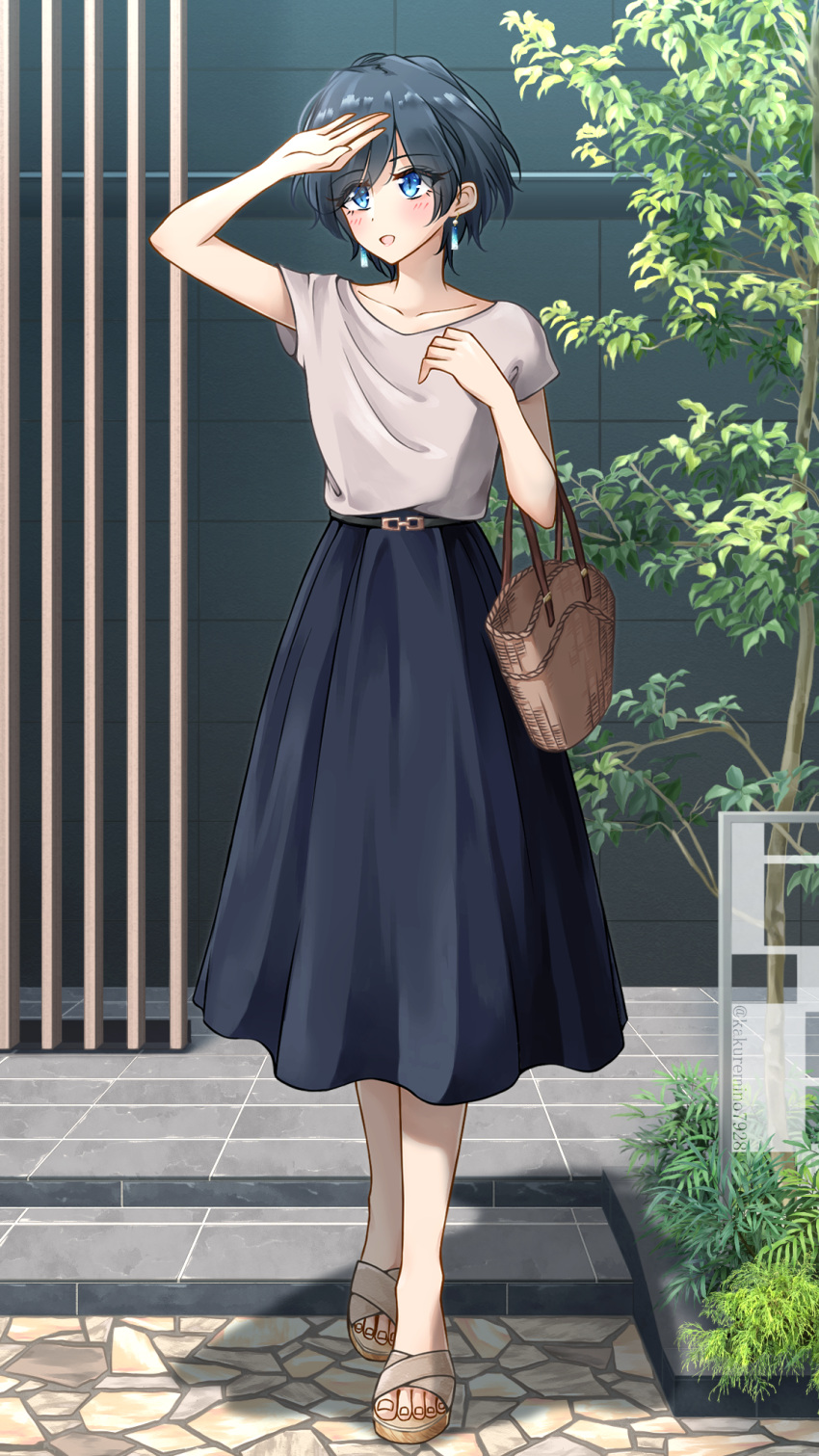 1girl, arm_up, bag, bare_arms, belt, belt_buckle, black_belt, black_hair