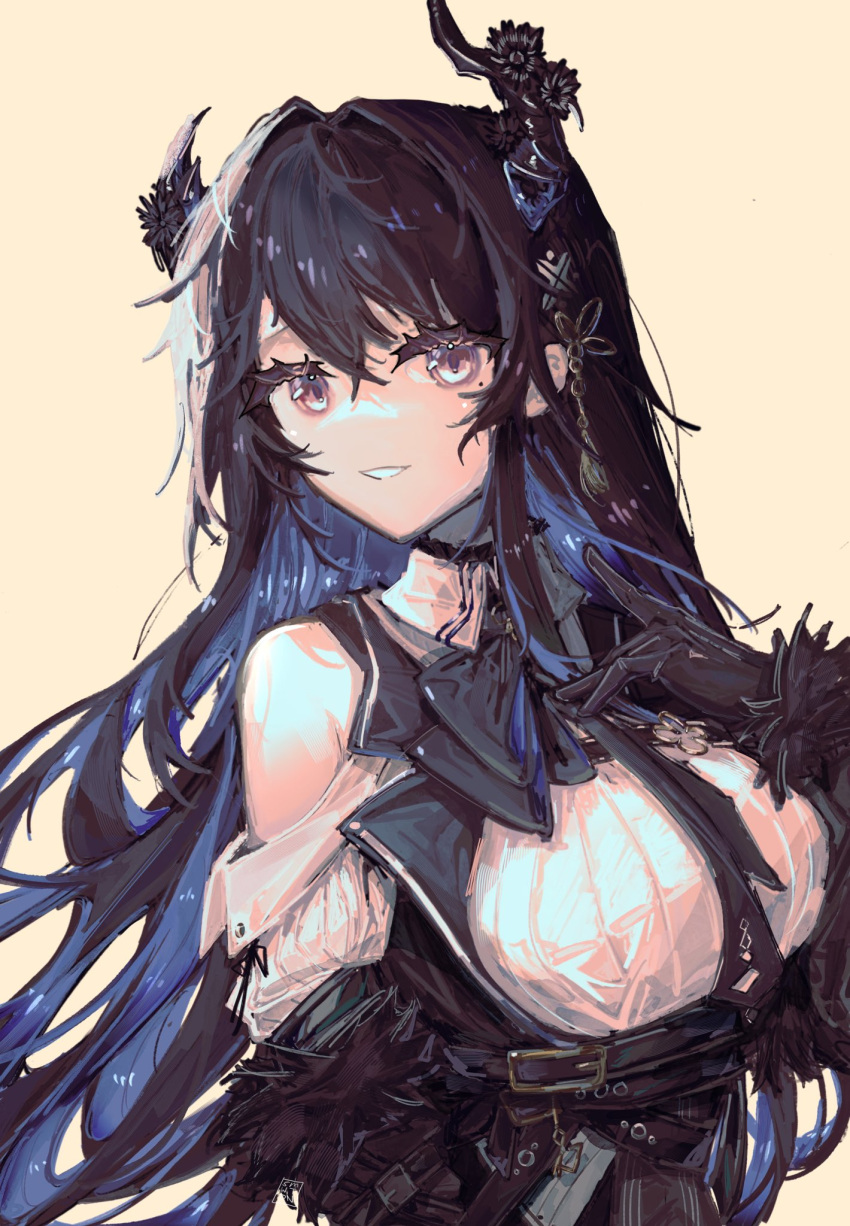1girl, asymmetrical_horns, bare_shoulders, belt, black_belt, black_bow, black_eyeliner, black_gloves, black_hair, black_necktie, black_skirt, blue_hair, bow, breasts, chest_belt, clothing_cutout, colored_inner_hair, crystal_horn, demon_horns, eyelashes, eyeliner, gloves, high-waist_dress, highres, hololive, hololive_english, horn_flower, horns, jewel_under_eye, large_breasts, long_hair, looking_at_viewer, makeup, mole, mole_under_eye, multicolored_hair, necktie, nerissa_ravencroft, nerissa_ravencroft_(1st_costume), red_eyes, shirt, shoulder_cutout, simple_background, skirt, smile, solo, somewhatdino, two-tone_hair, uneven_horns, very_long_hair, virtual_youtuber, white_shirt, yellow_background