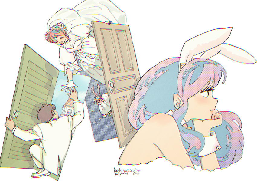 1boy, 1girl, absurdres, aged_up, animal_ears, artist_name, bell_tower, blush, bouquet, bridal_veil, brown_hair, check_commentary, closed_eyes, commentary, commentary_request, detached_collar, door, dress, flower, from_behind, gloves, hair_flower, hair_ornament, hand_on_own_chin, hetero, highres, horns, long_hair, lum, miyuki_(hoshikuzumiyuki), moroboshi_ataru, multicolored_hair, open_door, open_mouth, pink_hair, pointy_ears, profile, puffy_sleeves, rabbit_ears, reaching_towards_another, sidelocks, smile, star_(symbol), suit, urusei_yatsura, veil, wedding_dress, white_footwear, white_gloves, white_suit, wrist_cuffs, yellow_eyes
