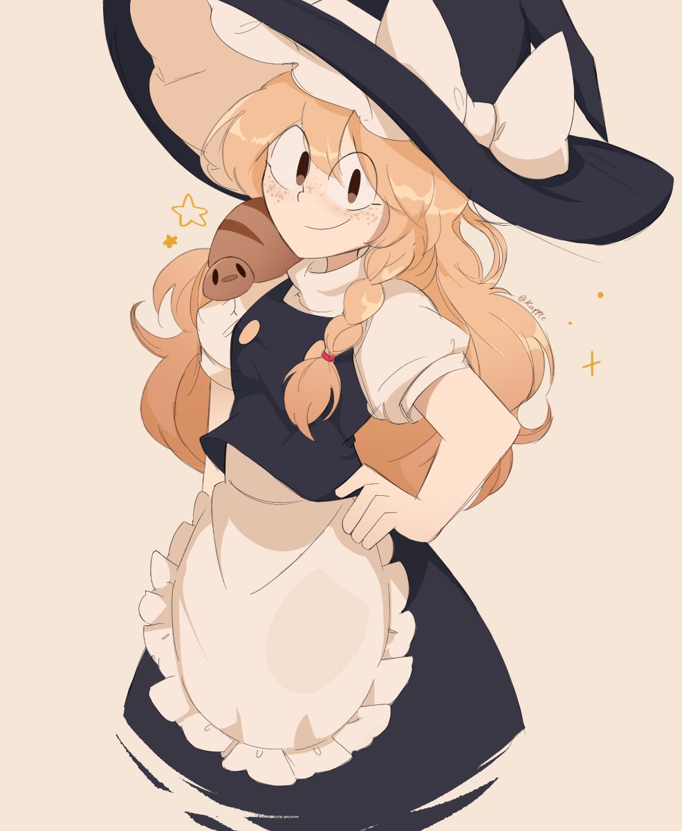1girl, animal_on_shoulder, apron, black_headwear, blonde_hair, bow, braid, freckles