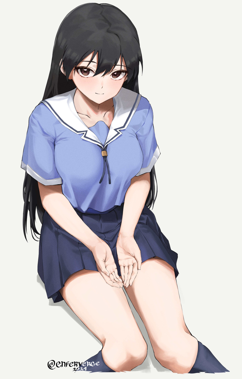 1girl, absurdres, azumanga_daioh, black_hair, black_thighhighs, breasts, cupping_hands, enferverge, from_above, highres, large_breasts, light_smile, long_hair, looking_at_viewer, open_hands, own_hands_together, pleated_skirt, sakaki_(azumanga_daioh), school_uniform, sitting, skirt, thigh-highs, thighs