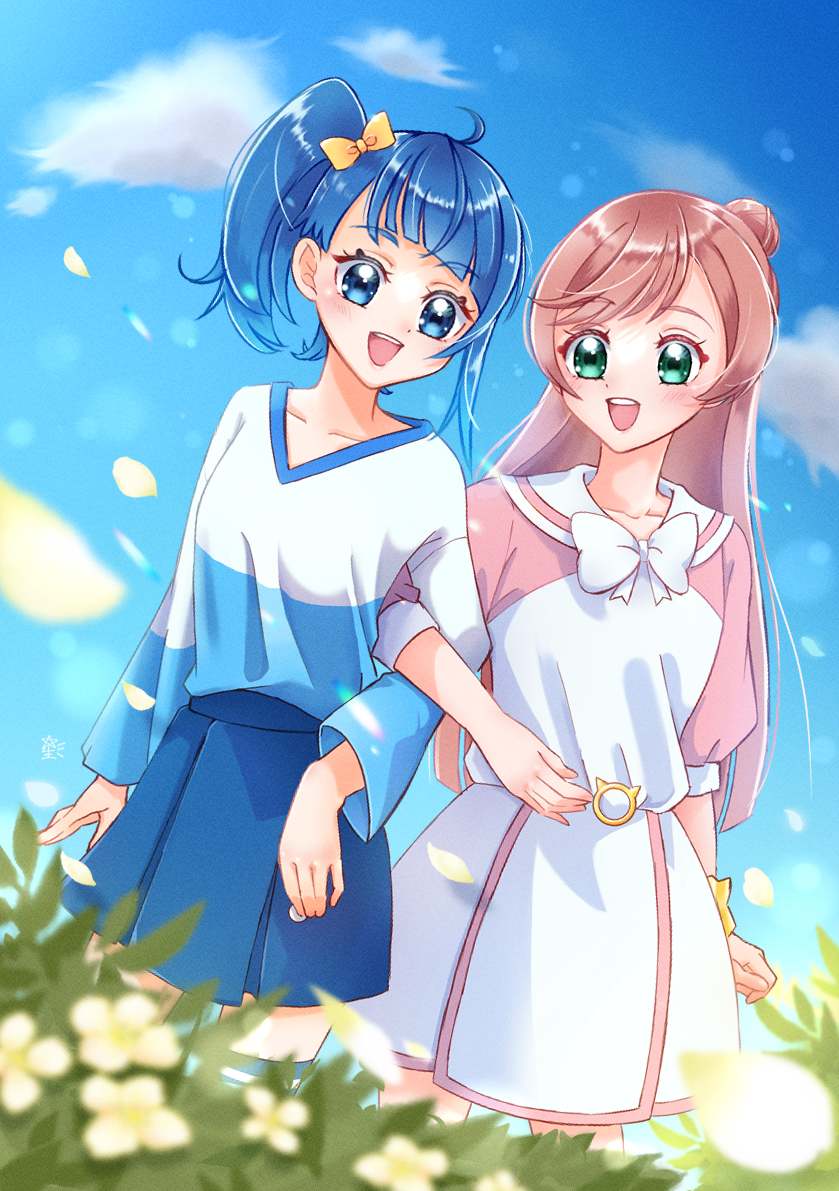 2girls, blue_eyes, blue_hair, blue_skirt, blue_sky, blue_thighhighs, bow, clouds