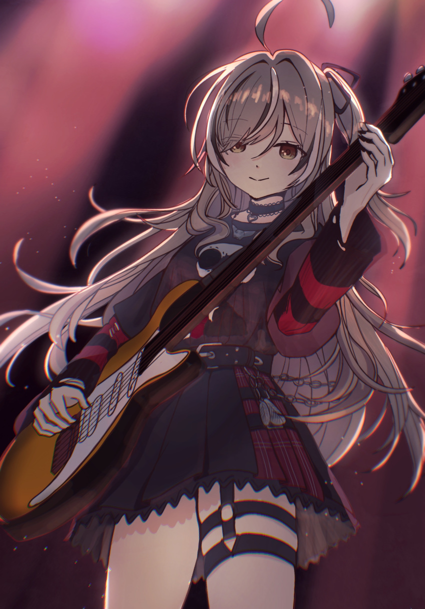 1girl, ahoge, belt, belt_chain, black_skirt, black_sweater, brown_eyes, brown_hair