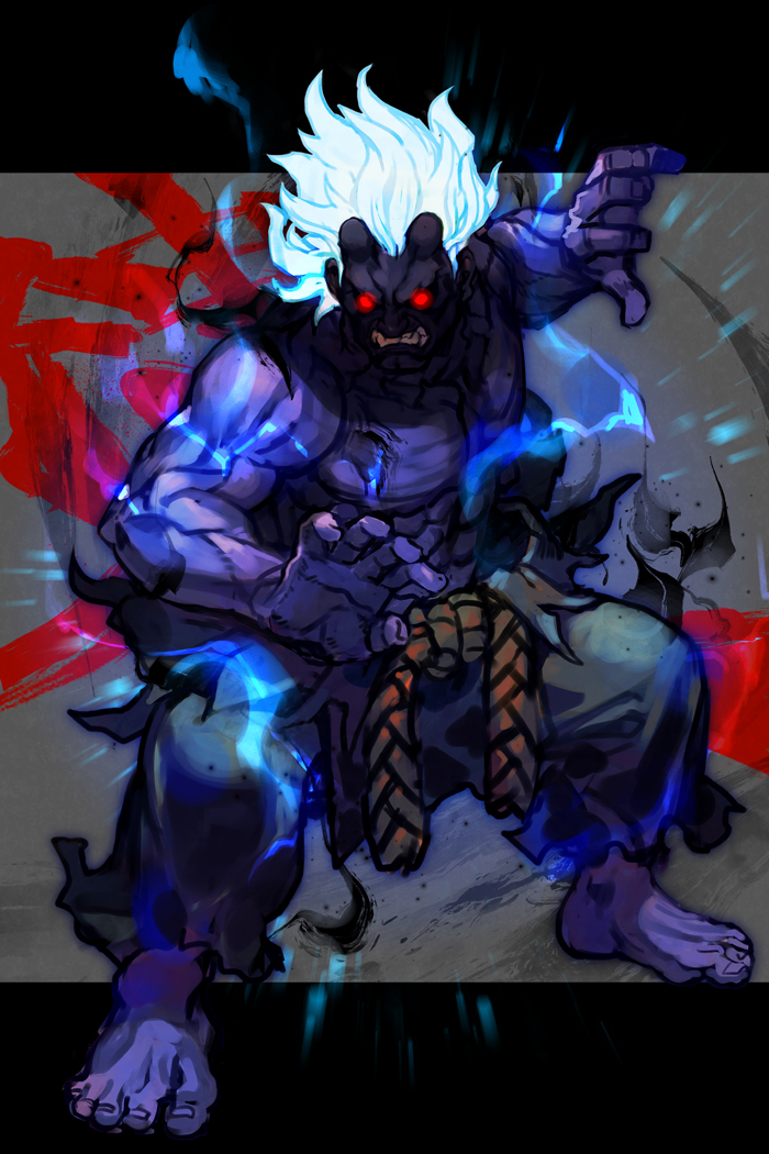 1boy, akuma_(street_fighter), barefoot, clenched_teeth, colored_skin, dougi, electricity, fighting_stance