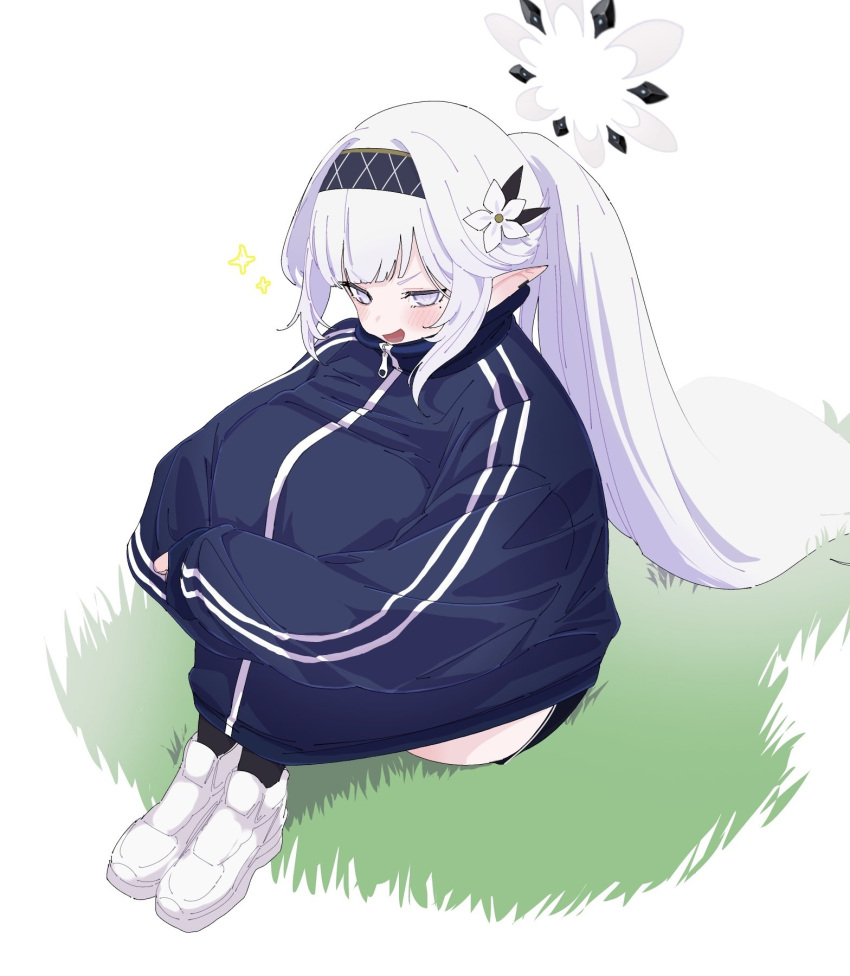 blue_archive, blue_eyes, ear_piercing, flower, grass, hairband, halo, highres
