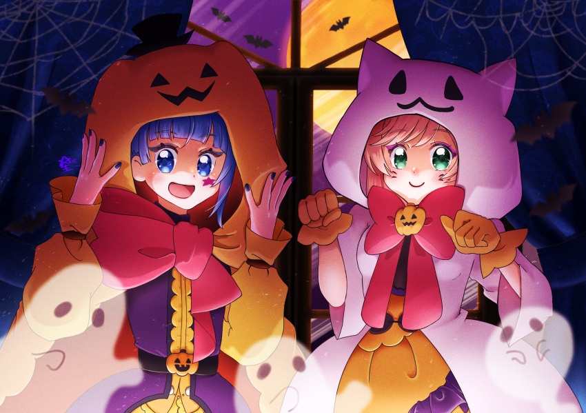 2girls, bat_(animal), blue_eyes, blue_hair, bow, bowtie, cloak, closed_mouth