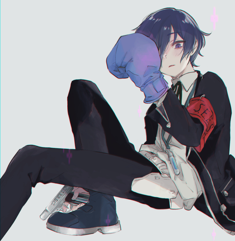 1boy, armband, black_jacket, blue_eyes, blue_hair, blush, boxing_gloves, digital_media_player