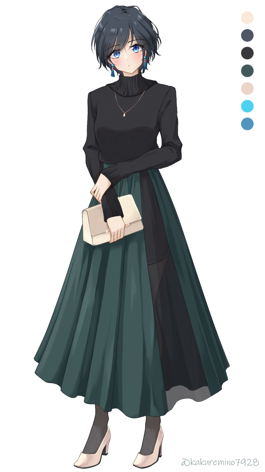 1girl, black_hair, black_shirt, blue_eyes, blush, breasts, closed_mouth, color_guide