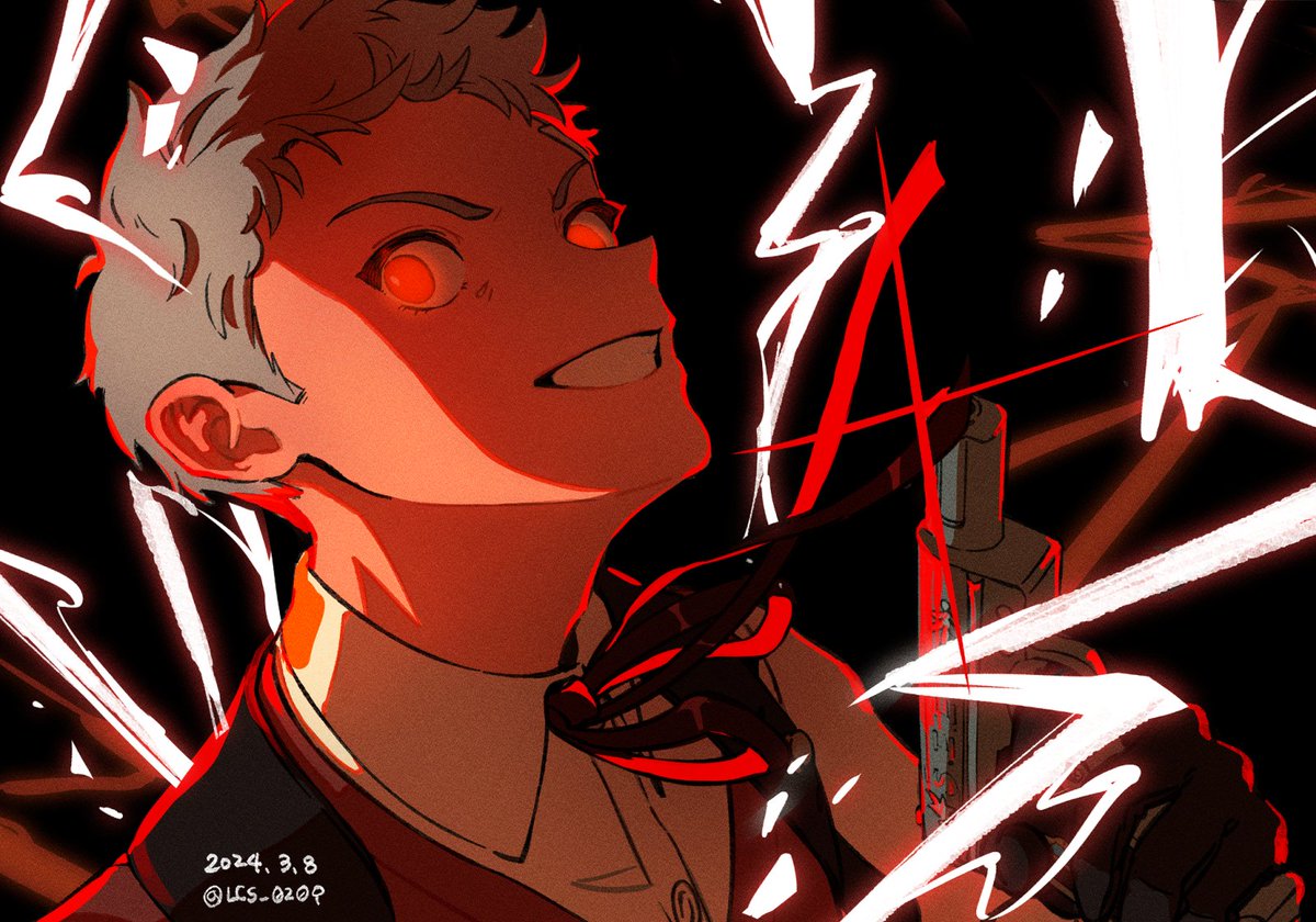 1boy, black_gloves, black_ribbon, collared_shirt, commentary_request, dated, evil_grin, evil_smile