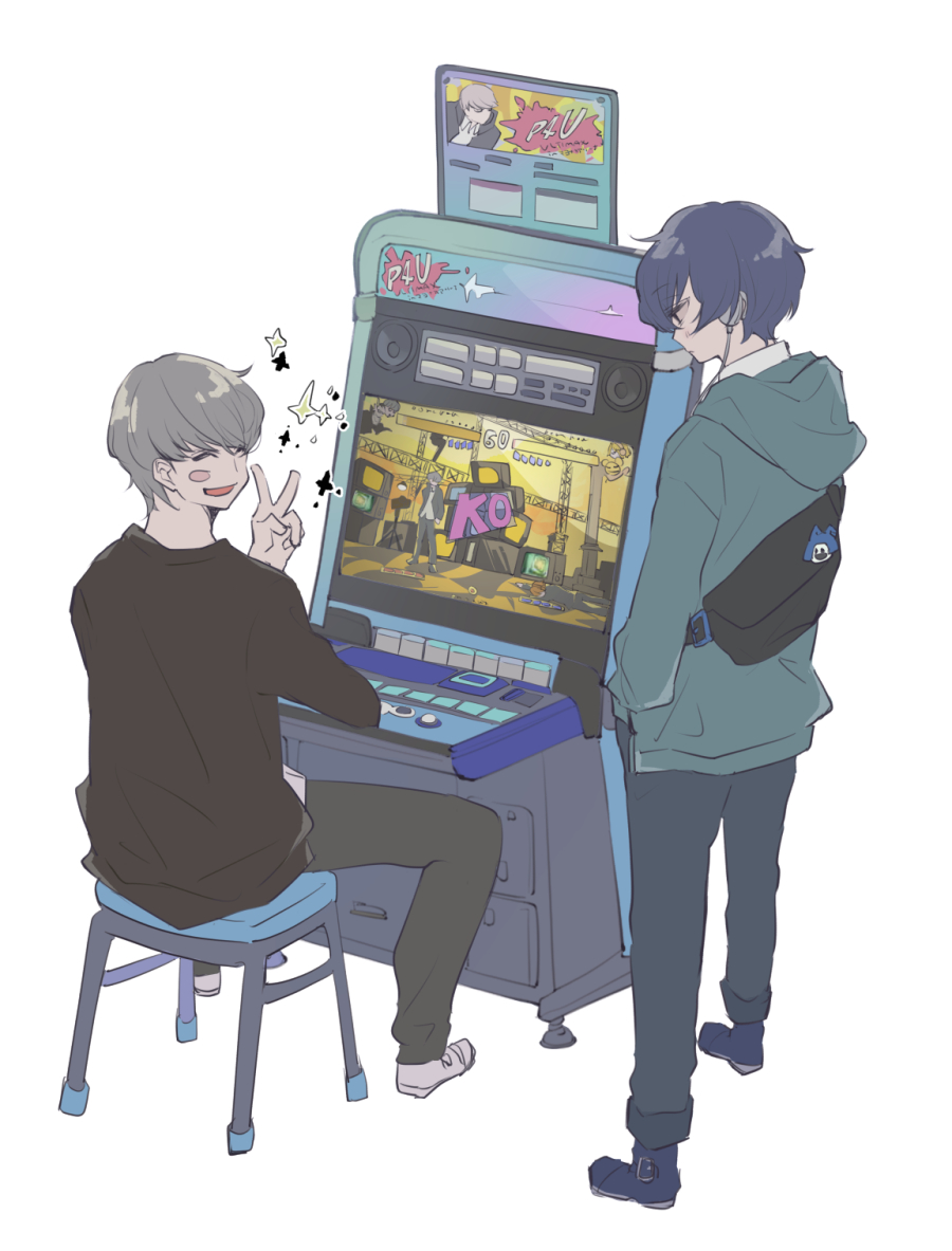 2boys, arcade_cabinet, black_shirt, blue_hair, blush, closed_eyes, dark_blue_hair, expressionless, facing_another, fighting_game, full_body, grey_hair, hanamura_yousuke, hands_in_pockets, happy, headphones, hood, hoodie, jack_frost, k.o., looking_at_another, male_focus, multiple_boys, narukami_yuu, on_stool, open_mouth, persona, persona_3, persona_4, persona_4:_the_ultimate_in_mayonaka_arena, playing_games, shirt, short_hair, simple_background, sitting, sparkle, standing, sumino_suito, v, white_background, yuuki_makoto_(persona_3)