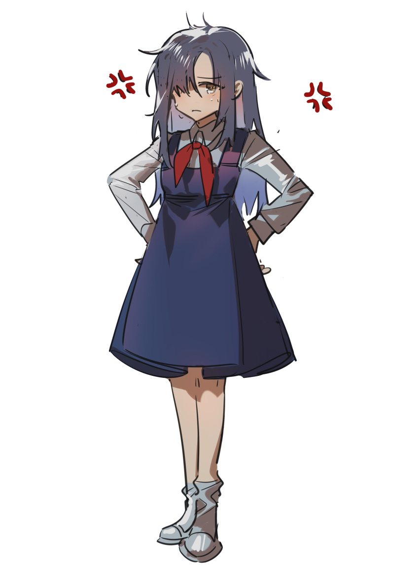 1girl, absurdres, aged_down, angelia_(girls'_frontline), anger_vein, angry, blue_dress, blue_hair
