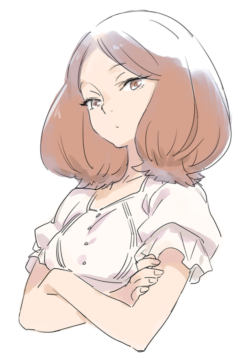 1girl, brown_hair, crossed_arms, dress, edel_(sousou_no_frieren), highres, kawata_hisashi, light_brown_eyes