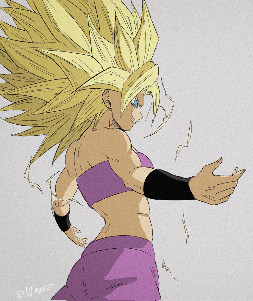 1girl, blonde_hair, blue_eyes, caulifla, dragon_ball, dragon_ball_super, electricity, from_behind, green_eyes, grey_background, highres, maiohneze, muscular, muscular_female, outstretched_arms, purple_pants, purple_tube_top, solo, spiky_hair, spread_arms, strapless, super_saiyan, super_saiyan_2, tube_top