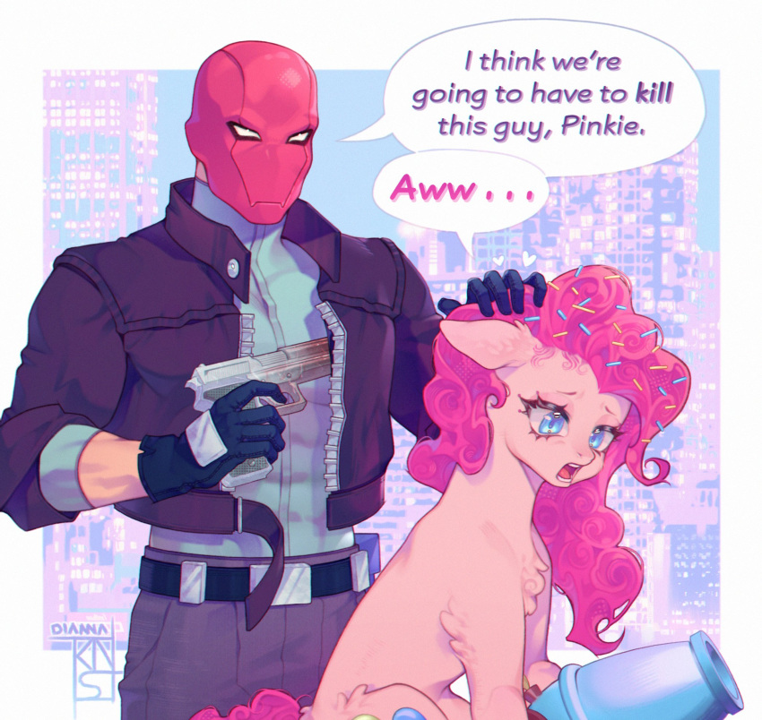 black_gloves, blue_eyes, border, commentary, cowboy_shot, dc_comics, dianna_knst, english_commentary