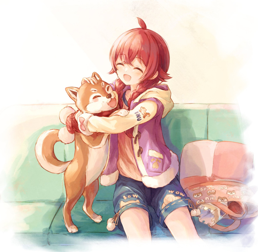 1girl, :d, ahoge, animal_hug, bag, blue_shorts, braid, couch