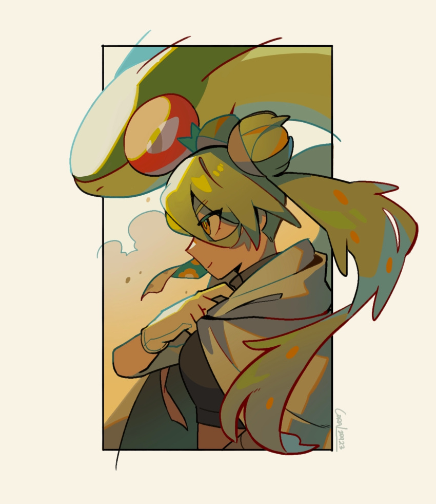1girl, cloak, coral_(coral_l33), crop_top, double_bun, dragon, flygon, from_side