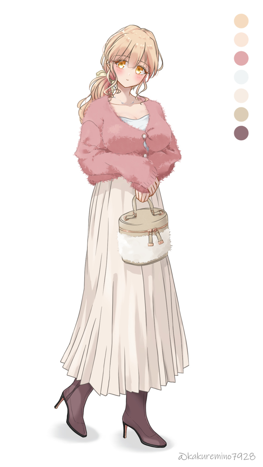 1girl, bag, blonde_hair, blush, boots, breasts, brown_footwear, cardigan, closed_mouth, collarbone, color_guide, commentary, curly_sidelocks, dated_commentary, dot_nose, full_body, fuzzy_clothes, hair_between_eyes, hair_ribbon, hand_on_hand, handbag, head_tilt, high-waist_skirt, high_heel_boots, high_heels, highres, holding, holding_bag, jewelry, kakuremino7928, large_breasts, long_eyebrows, long_eyelashes, long_hair, long_skirt, long_sleeves, looking_at_viewer, low_ponytail, necklace, original, own_hands_together, pink_cardigan, pleated_skirt, ponytail, ribbon, sidelocks, simple_background, skirt, sleeves_past_wrists, smile, solo, standing, twitter_username, wavy_hair, white_background, white_skirt, yellow_eyes, yellow_ribbon