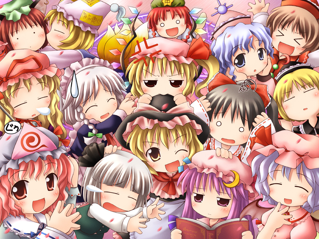>_<, ^_^, angry, animal_ears, apron, bat_wings, black_hair, blonde_hair