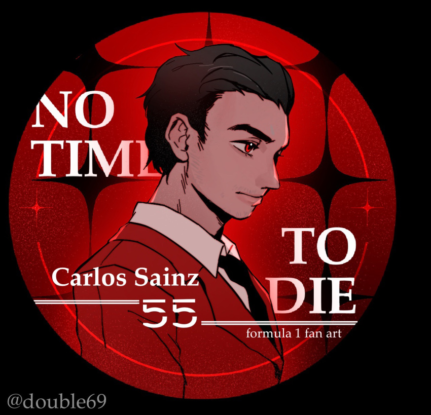 1boy, animification, black_necktie, brown_hair, carlos_sainz, character_name, collared_shirt, copyright_name