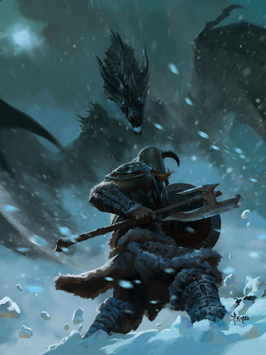 1boy, armor, artist_name, axe, battle, bayard_wu, black_horns, black_scales