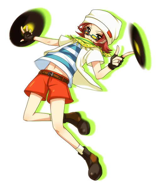 bad_id, disc, fingerless_gloves, glasses, gloves, hat, light_smile, male