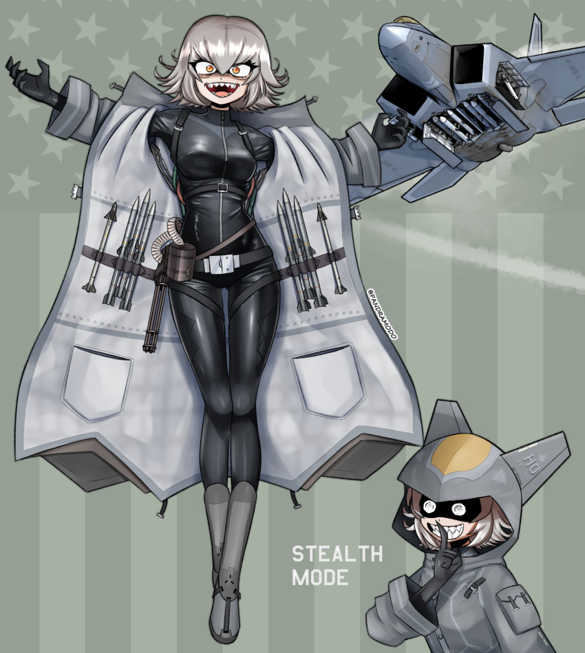 1girl, absurdres, aim-120_amraam, aim-9_sidewinder, aircraft, airplane, belt, black_bodysuit, black_gloves, bodysuit, english_text, evil_smile, f-22_raptor, fighter_jet, finger_to_mouth, full_body, gloves, grey_hair, highres, hood, hood_up, jet, looking_at_viewer, m61_vulcan, medium_hair, military_vehicle, missile, multiple_views, original, outstretched_arms, pandramodo, personification, shark_tooth, shushing, skin_tight, smile, twitter_username
