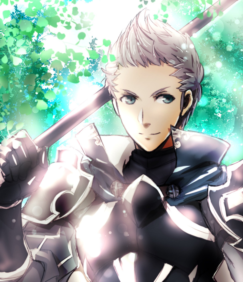 1boy, armor, black_armor, fe_knights, fire_emblem, fire_emblem_fates, green_eyes, grey_hair