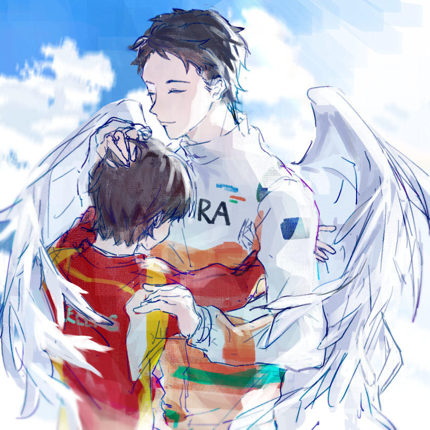 2boys, angel, animification, black_hair, brown_hair, charles_leclerc, closed_eyes, clouds