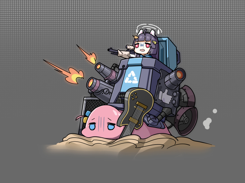 1girl, 1other, absurdres, aiming, animal_ears, animalization, arrow_(symbol), black_hair, blue_archive, blue_serafuku, blunt_bangs, bocchi_the_rock!, bolt_action, commentary_request, crossover, electric_guitar, fake_animal_ears, firing, gotoh_hitori, gotoh_hitori_(tsuchinoko), guitar, gun, halo, highres, holding, holding_gun, holding_weapon, in_trash_can, instrument, leaf, leaf_on_head, long_hair, long_sleeves, looking_at_viewer, metal_slug, metal_slug_3, military_vehicle, miyu_(blue_archive), mosin-nagant, motor_vehicle, parody, rabbit_ears, recycle_bin, recycling_symbol, red_eyes, riding, rifle, school_uniform, serafuku, sidelocks, simple_background, speaker, tank, thumbs_up_emoji, trait_connection, trash_can, tsuchinoko, turret, weapon, yzj21333