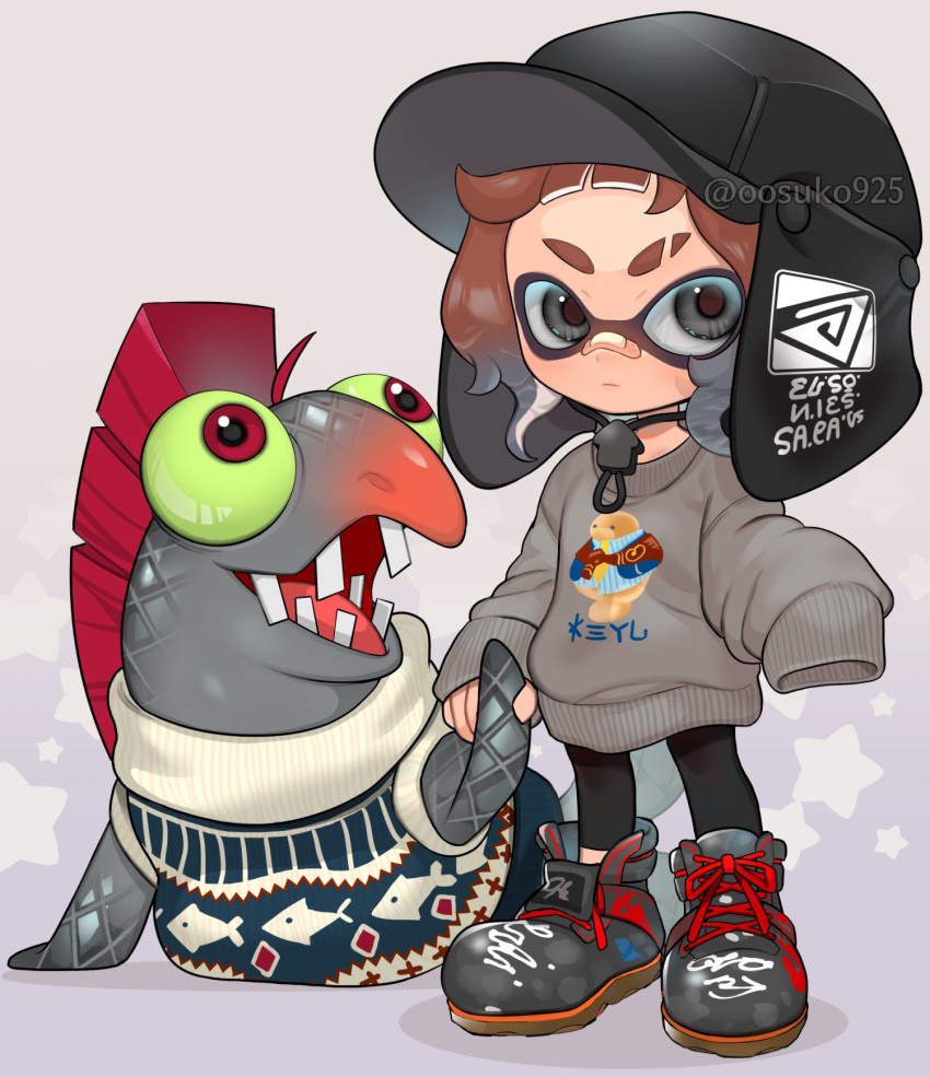 1boy, artist_name, black_headwear, black_leggings, chum_(splatoon), closed_mouth, commentary_request, cross-laced_footwear