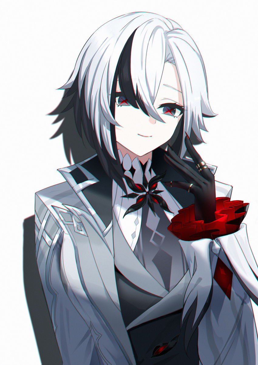 1girl, absurdres, arlecchino_(genshin_impact), black_hair, black_nails, coat, commentary, genshin_impact, grey_coat, grey_eyes, grey_shirt, hand_up, highres, lilin_(pixiv_25958194), long_sleeves, multicolored_hair, nail_polish, open_clothes, open_coat, red_nails, shirt, short_hair, simple_background, solo, streaked_hair, upper_body, white_background, white_hair