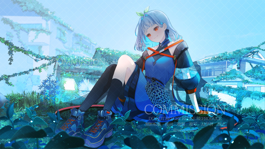 1girl, arm_support, asymmetrical_legwear, black_socks, black_thighhighs, blue_dress, blue_footwear, blue_hair, breasts, closed_mouth, colored_inner_hair, commission, dress, full_body, gloves, grass, hair_ribbon, highres, indie_virtual_youtuber, jacket, kneehighs, knees_up, multicolored_hair, orange_eyes, outdoors, plant, ribbon, sabaumako, see-through, see-through_sleeves, shoes, short_hair, single_kneehigh, single_sock, single_thighhigh, sitting, small_breasts, smile, sneakers, socks, solo, soyapoya_(vtuber), thigh-highs, twitter_username, virtual_youtuber, watermark