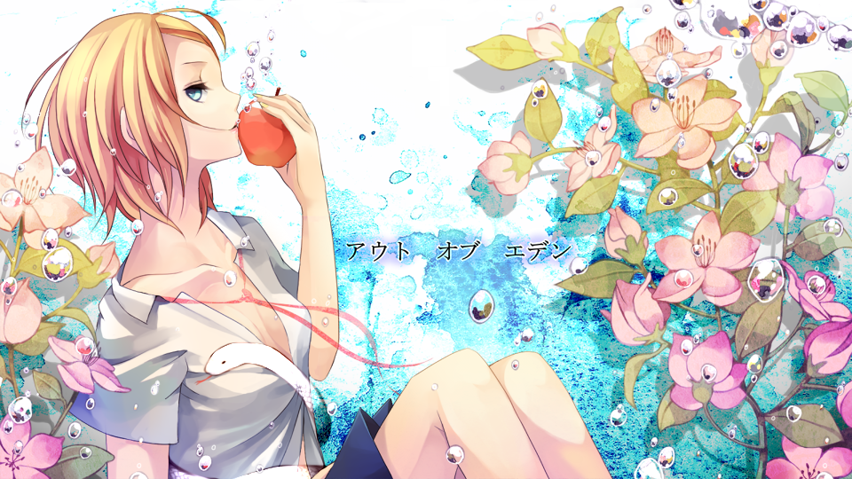 blonde_hair, blue_eyes, bubble, flower, food, fruit, kagamine_rin, out_of_eden_(vocaloid)