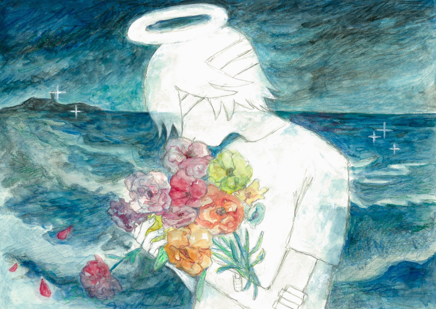 1boy, bandages, bandages_over_eyes, bandaid, bouquet, colored_skin, flower, halo