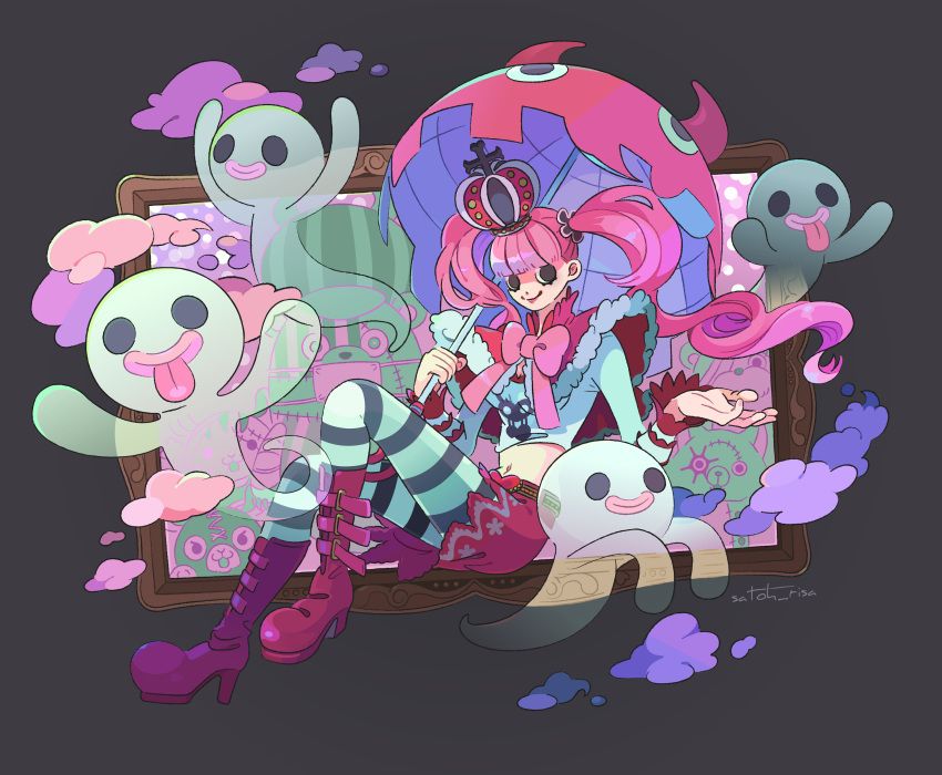 1girl, absurdres, belt, black_background, black_eyes, blunt_bangs, boots, bow, capelet, clouds, crop_top, crown, floating, frilled_sleeves, frills, full_body, ghost, hair_bow, heart_belt, high_heel_boots, high_heels, highres, holding, holding_umbrella, kumacy, long_sleeves, miniskirt, neck_ribbon, one_piece, painting_(object), pantyhose, perona, pink_clouds, pink_hair, pink_ribbon, purple_clouds, ribbon, risky_brothers_zombies, satohrisa, shirt, signature, skirt, smile, smoke, solo, striped_clothes, striped_pantyhose, tongue, tongue_out, twintails, umbrella, white_shirt