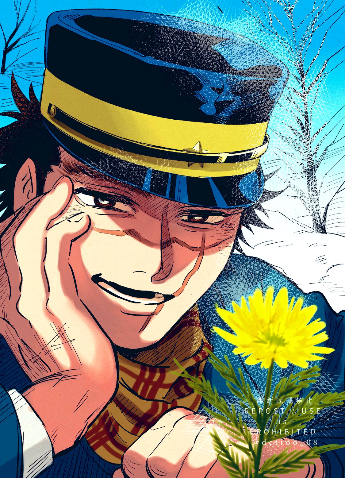 1boy, bare_tree, blue_jacket, close-up, commentary_request, dctroo_08, flower, golden_kamuy