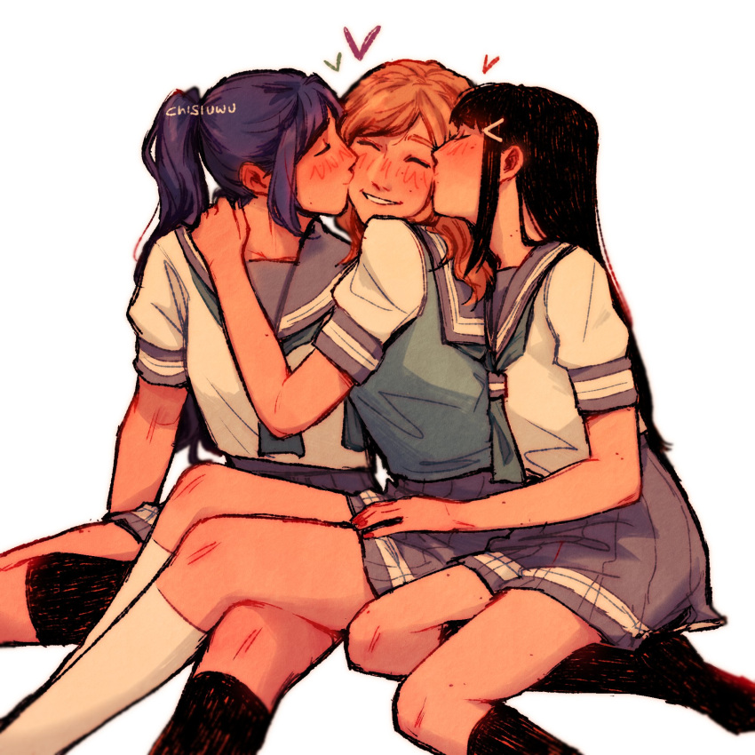 3girls, artist_name, black_hair, black_socks, blonde_hair, blue_neckerchief, blue_shirt, blush