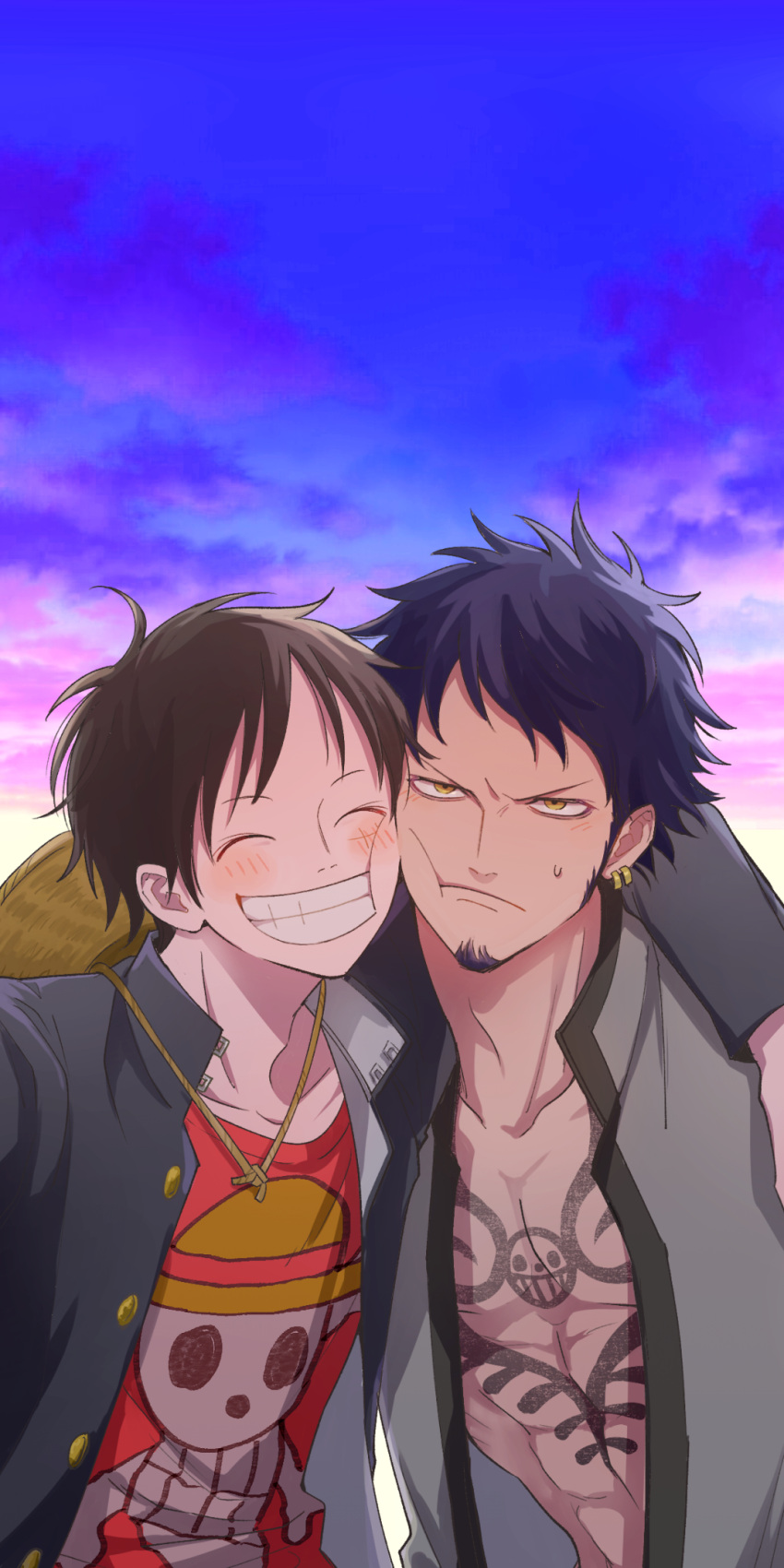 2boys, ^_^, abs, black_hair, blush, buttons, cheek-to-cheek, chest_tattoo