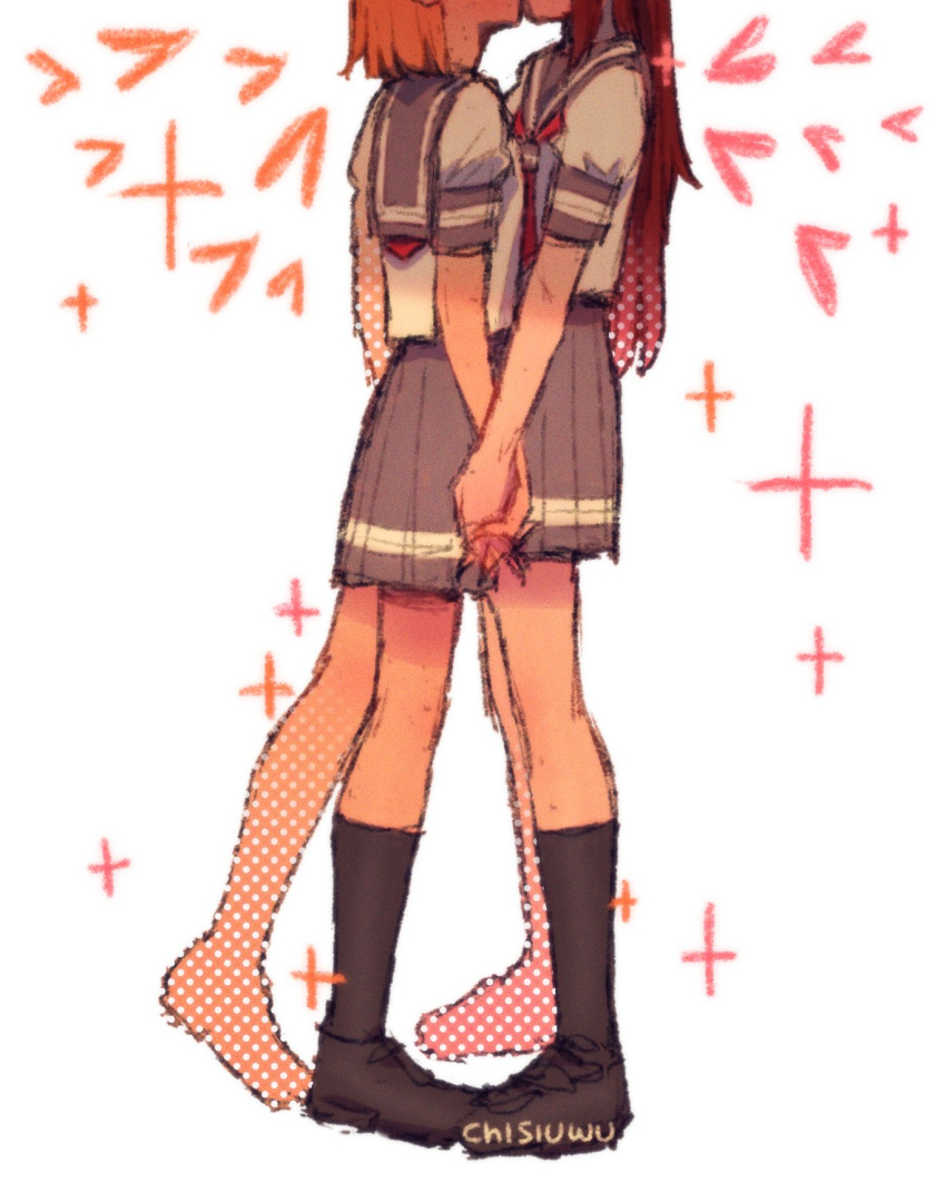 2girls, artist_name, black_footwear, black_socks, commentary, diezmil10000, english_commentary, grey_serafuku, grey_skirt, head_out_of_frame, heart, highres, holding_hands, interlocked_fingers, kiss, kneehighs, long_hair, love_live!, love_live!_sunshine!!, multiple_girls, neckerchief, orange_hair, pleated_skirt, red_neckerchief, redhead, sakurauchi_riko, school_uniform, serafuku, shirt, short_hair, short_sleeves, simple_background, skirt, socks, standing, takami_chika, uranohoshi_school_uniform, white_background, white_shirt, yuri