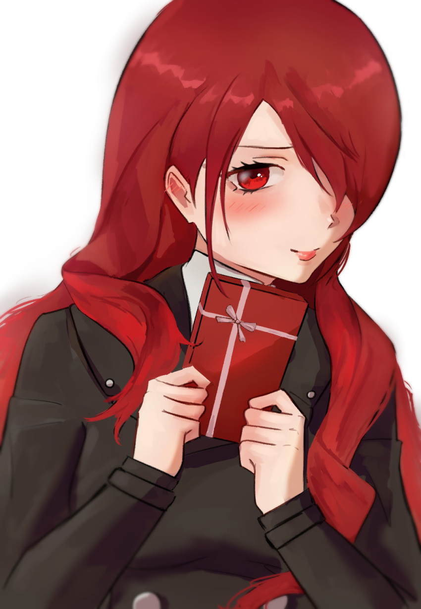 1girl, blush, closed_mouth, eyelashes, gekkoukan_high_school_uniform, gift, hair_over_one_eye, highres