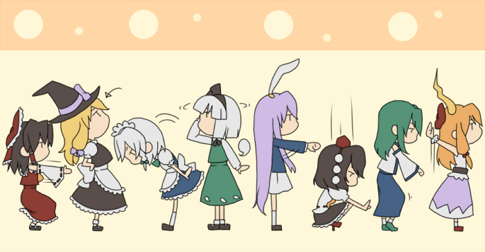 algorithm_march, chibi, dancing, everyone, hakurei_reimu, ibuki_suika, izayoi_sakuya, kirisame_marisa, kochiya_sanae, konpaku_youmu, multiple_girls, orippa, pythagoras_switch, reisen_udongein_inaba, shameimaru_aya, simple_background, squatting, tileable, touhou