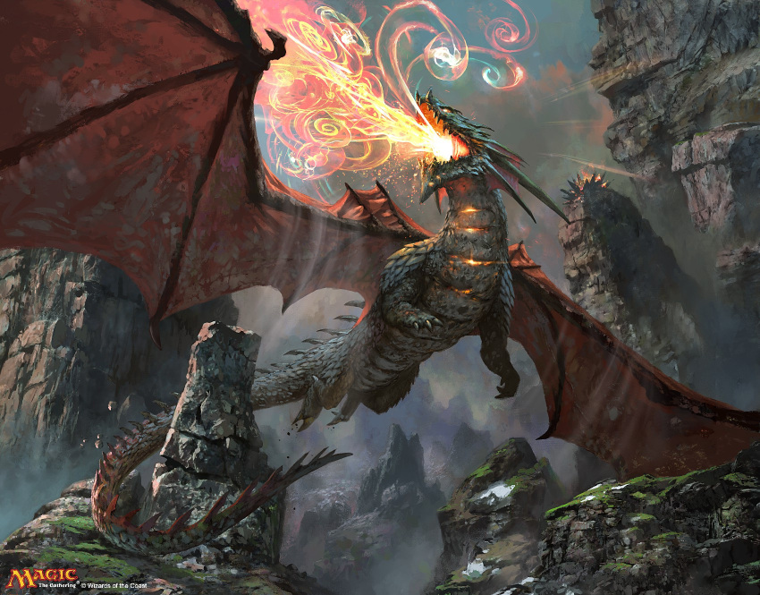 animal_focus, ashmouth_dragon, breath_weapon, breathing_fire, claws, clouds, commentary, company_name