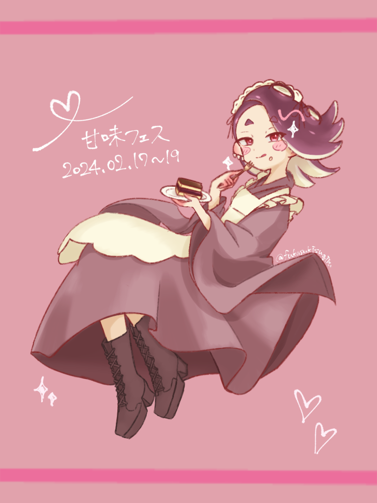 1girl, :q, apron, boots, commentary_request, cross-laced_footwear, dated, dress, eating, fork, fukasukisugiru, full_body, hachimaki, headband, heart, holding, holding_fork, holding_plate, looking_at_viewer, medium_hair, nejiri_hachimaki, octoling, pink_background, plate, purple_dress, purple_footwear, purple_hair, redhead, shiver_(splatoon), simple_background, solo, sparkle, splatoon_(series), splatoon_3, tentacle_hair, thick_eyebrows, tongue, tongue_out, tooth_earrings, translation_request, white_apron