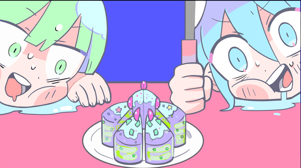 1boy, 1girl, blue_background, blue_eyes, blue_hair, blunt_bangs, blush_stickers, cake