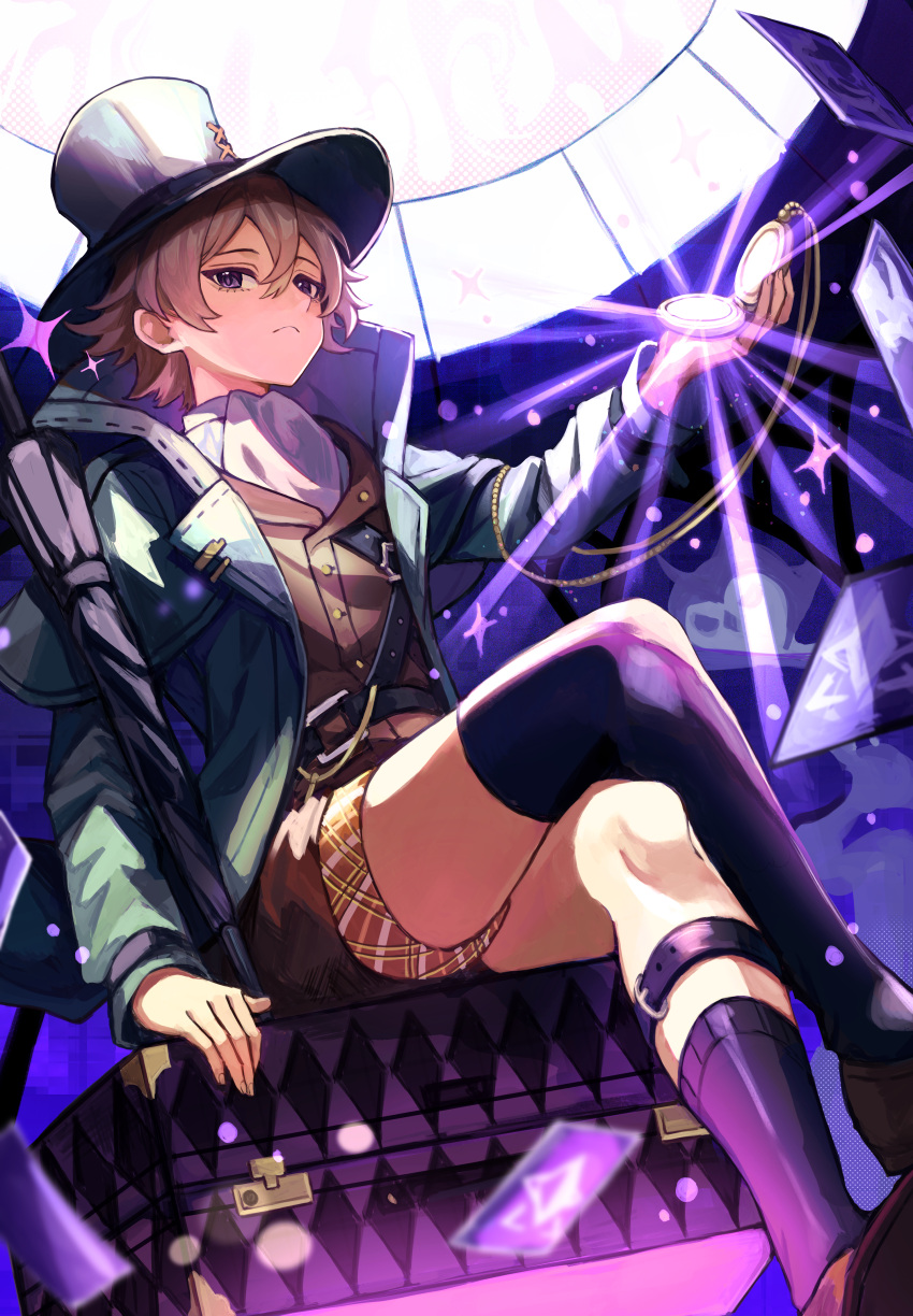 1boy, :<, absurdres, arm_support, ascot, asymmetrical_legwear, bishounen, black_coat, black_headwear, black_socks, black_thighhighs, black_umbrella, brown_footwear, brown_hair, brown_shorts, brown_vest, card, closed_umbrella, coat, crossed_legs, from_below, glowing, hand_up, hat, highres, holding, holding_pocket_watch, legwear_garter, long_sleeves, looking_at_viewer, looking_down, male_focus, oliver_fog, on_suitcase, open_clothes, open_coat, pocket_watch, pone_(user_smrj2588), purple_background, reverse:1999, shirt, short_hair, shorts, single_sock, single_thighhigh, sitting, socks, solo, suitcase, thigh-highs, top_hat, umbrella, uneven_legwear, vest, violet_eyes, waistcoat, watch, white_ascot, white_shirt
