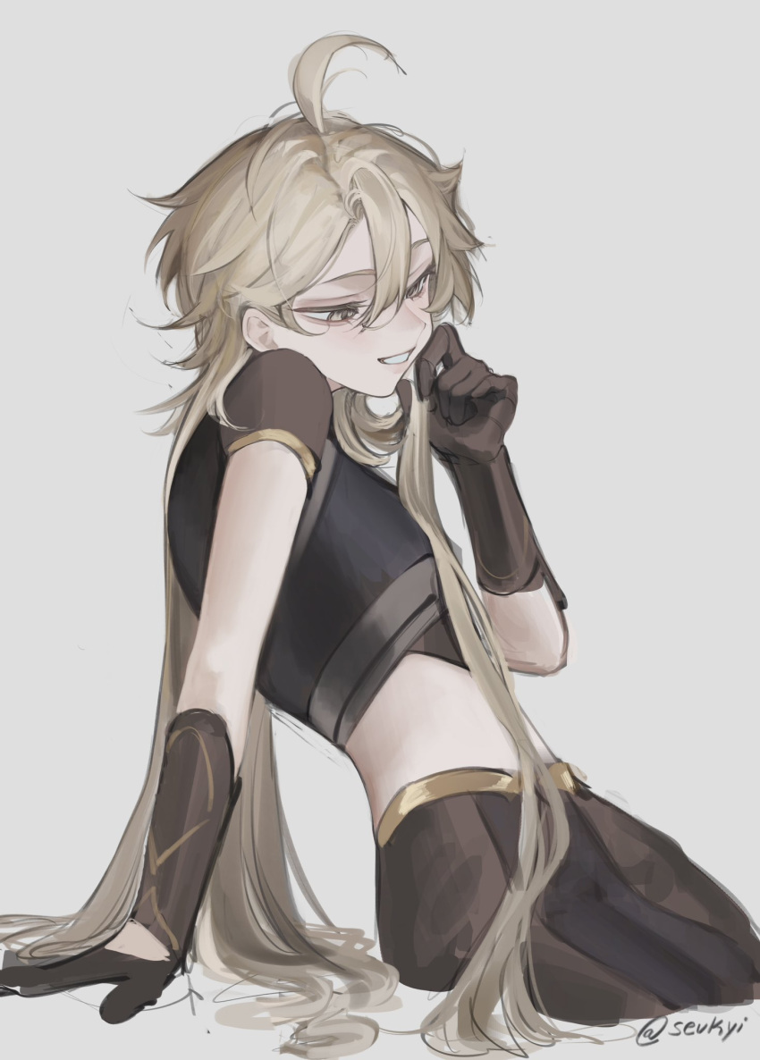 1boy, adjusting_hair, aether_(genshin_impact), ahoge, black_shirt, blonde_hair, brown_gloves, brown_pants, brown_shirt, crop_top, genshin_impact, gloves, hand_on_ground, hand_on_own_face, highres, long_hair, male_focus, midriff, open_mouth, pants, sevkyi, shirt, simple_background, smile, solo, teeth, white_background, yellow_eyes