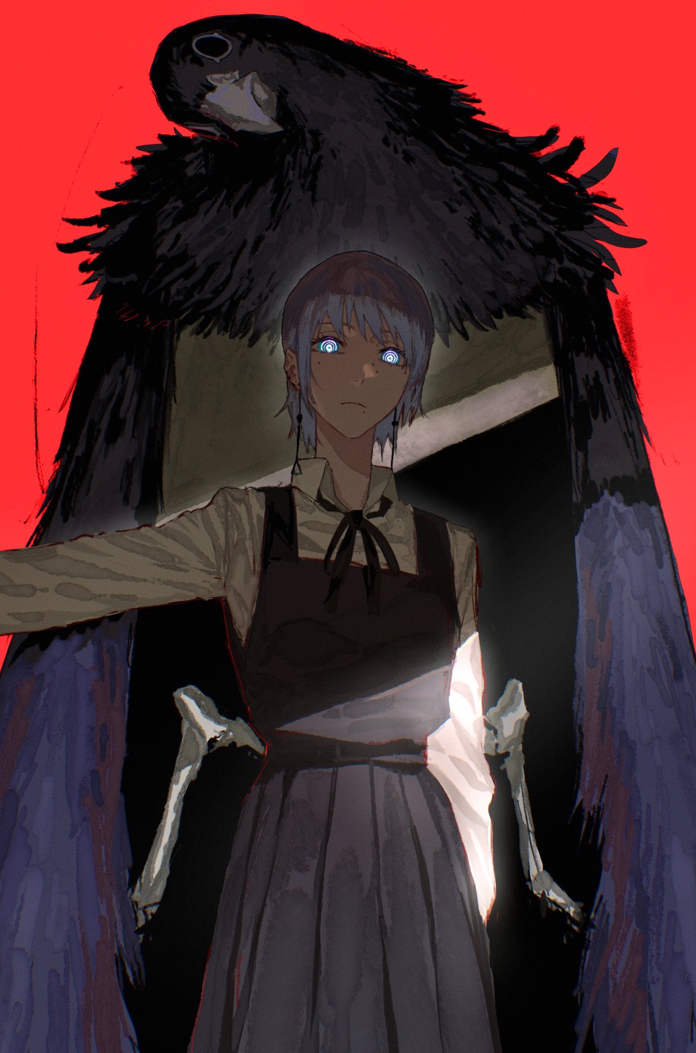 1girl, bird, black_skirt, bone, chainsaw_man, demon, earrings, fami_(chainsaw_man)