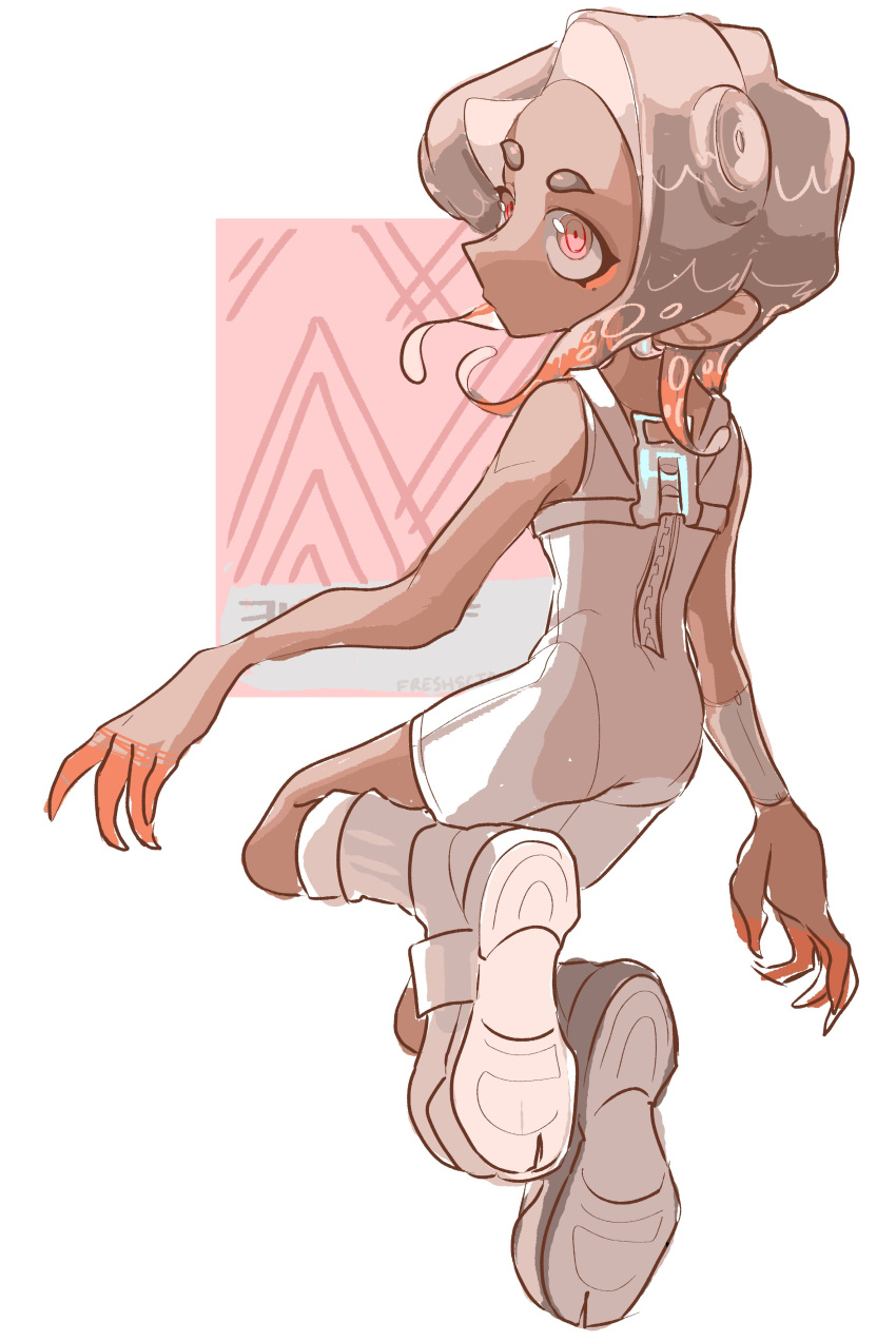 1boy, absurdres, agent_8_(splatoon), bodysuit, brown_hair, closed_mouth, color_chip_(splatoon), commentary, dark-skinned_male, dark_skin, english_commentary, fresh8cto, full_body, gradient_hair, highres, male_focus, multicolored_hair, octoling, octoling_boy, octoling_player_character, red_eyes, redhead, shoes, short_hair, simple_background, sleeveless, sleeveless_bodysuit, socks, solo, splatoon_(series), splatoon_3, splatoon_3:_side_order, tentacle_hair, thick_eyebrows, two-tone_hair, white_background, white_bodysuit, white_footwear, white_socks