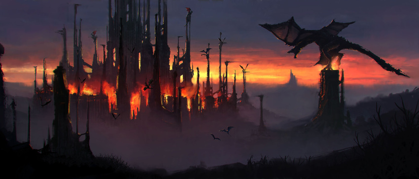 animal_focus, building, burning, city, cityscape, clouds, cloudy_sky, commentary, destruction, dragon, emmanuel_shiu, english_commentary, fantasy, fire, flying, from_side, highres, no_humans, open_mouth, orange_sky, original, outdoors, scenery, sky, sunset, tail, western_dragon, wings, wyvern
